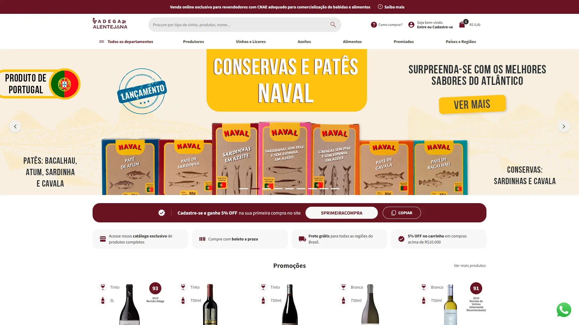 Home da Adega Alentejana, com carrossel de destaques e vinhos mais vendidos