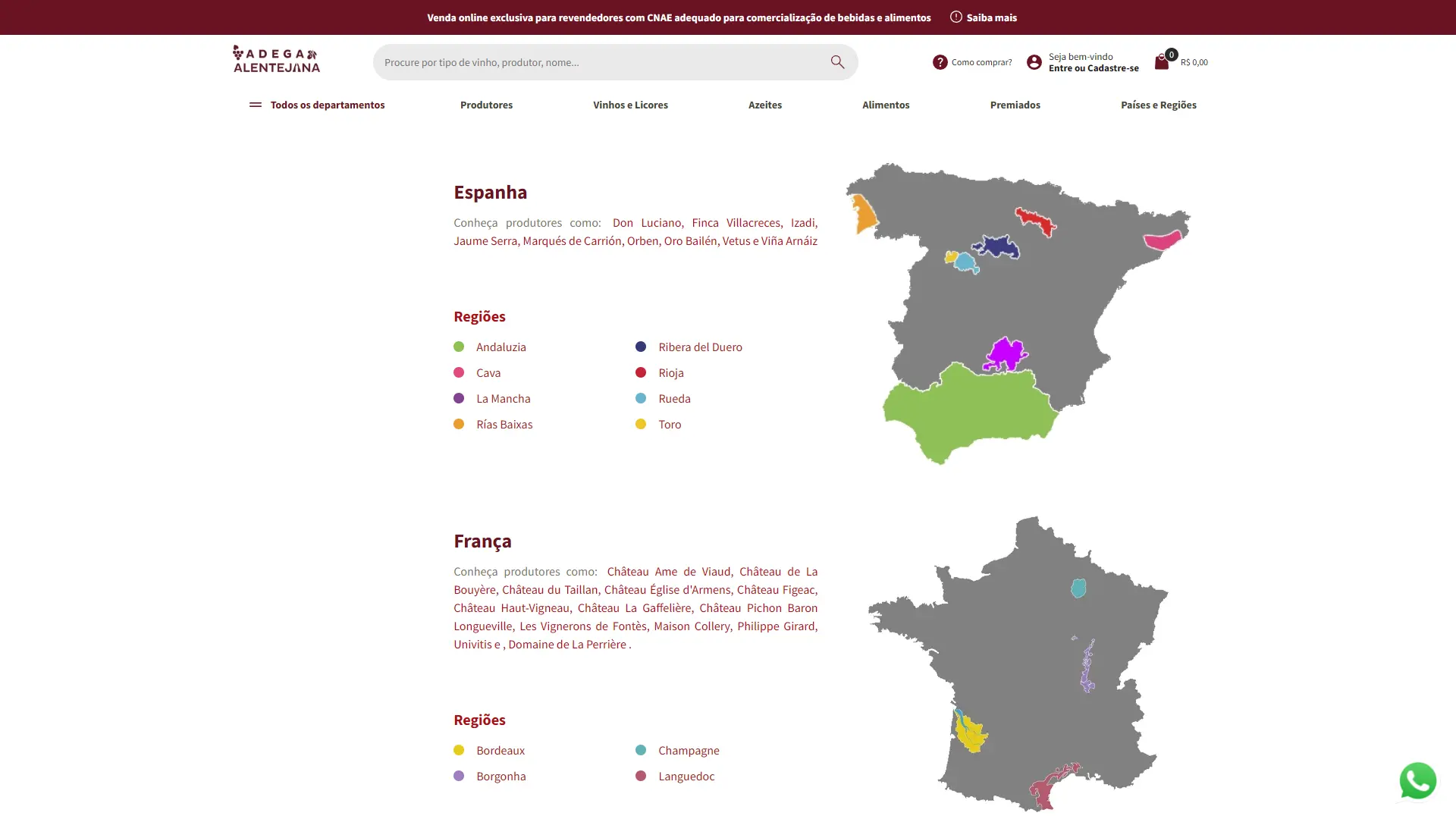 Página de Países e Regiões, com mapa interativo da Espanha e suas regiões vinícolas destacadas