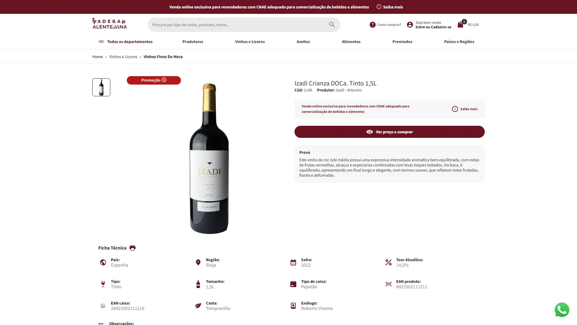 Página de produto do vinho Izadi Crianza, com a ficha técnica e o botão de baixar PDF
