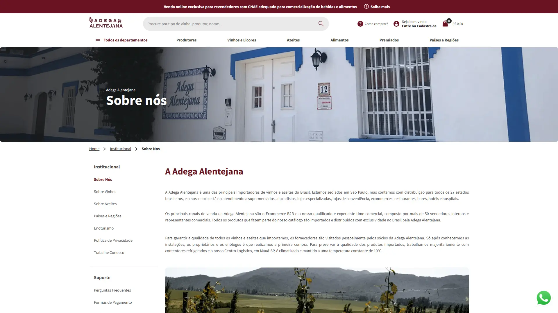Página Sobre Nós, contando a fundação da Adega Alentejana em 1998