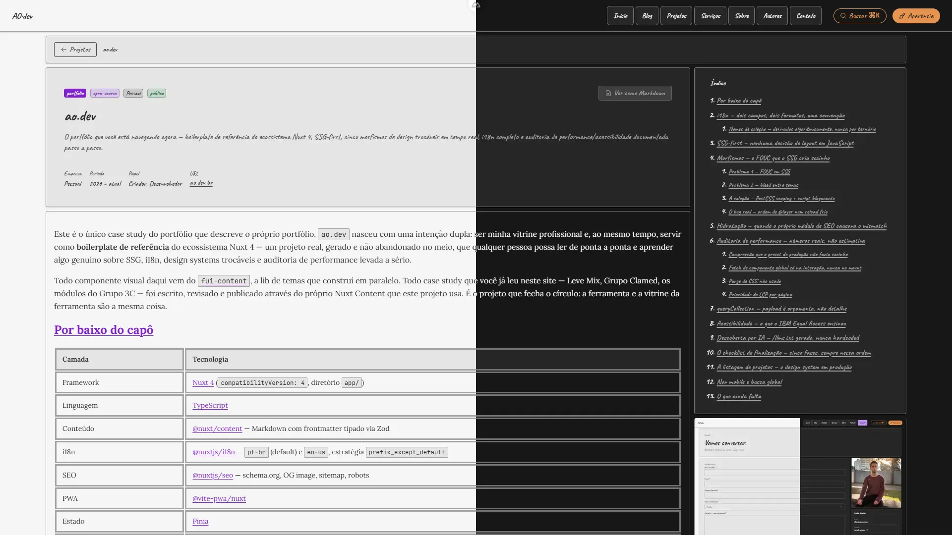 Ver como Markdown Cabeçalho de um case study com o link "Ver como Markdown" visível, expondo o conteúdo real via /raw/<path>.md