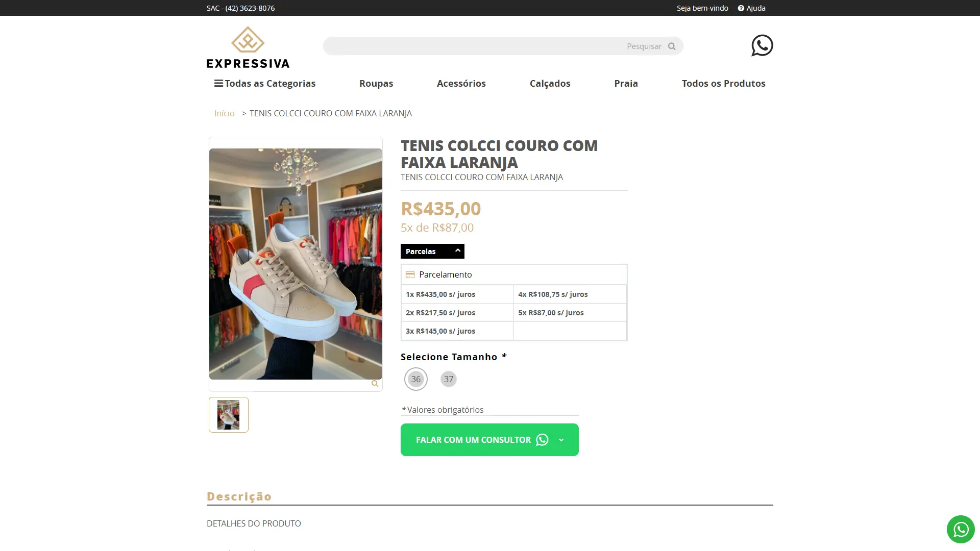 Produto — seletor de tamanho Página de produto com seletor de tamanho em grade de botões