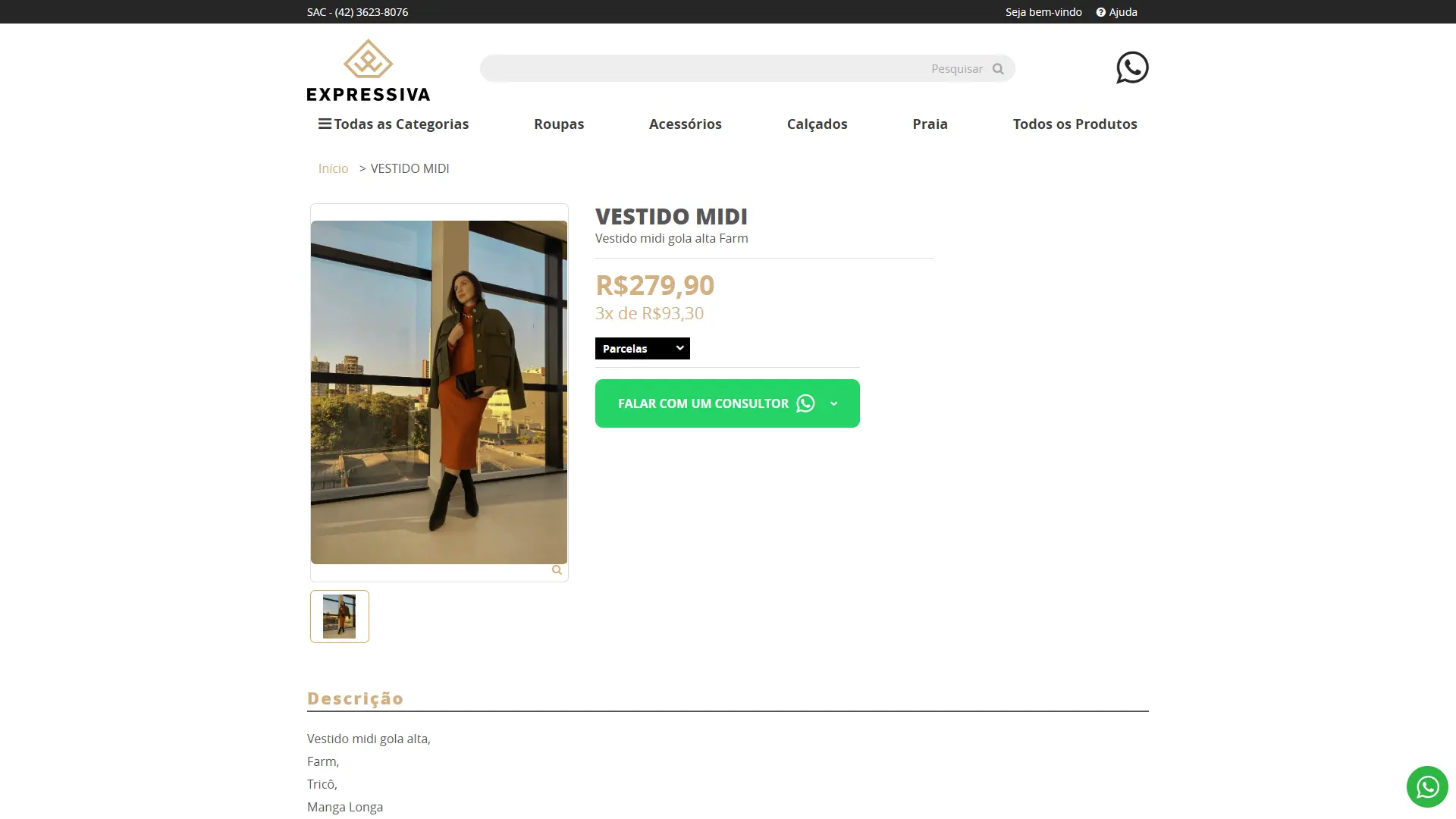 Produto — sem variação, CTA de WhatsApp Página de produto sem seletor de variação, indo direto para o WhatsApp