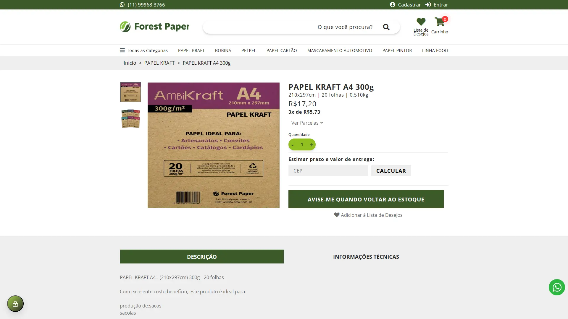 Produto Página de produto individual com ficha técnica, parcelamento e cálculo de frete