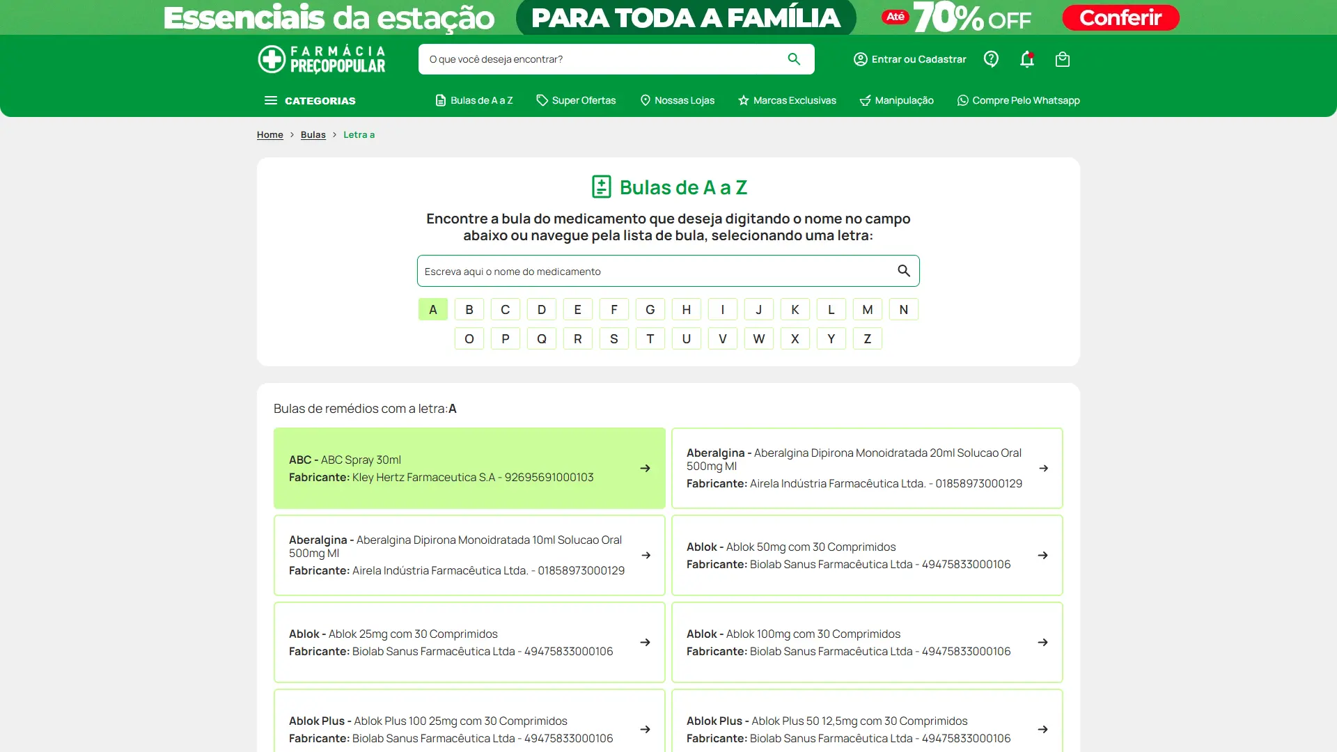 Bulário de A a Z, com busca e navegação alfabética por bula de medicamento