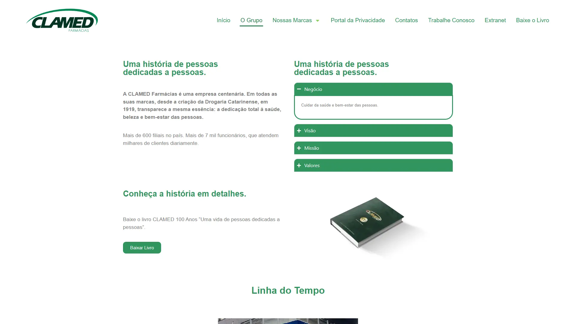 Página institucional do Grupo Clamed, com a linha do tempo desde 1919
