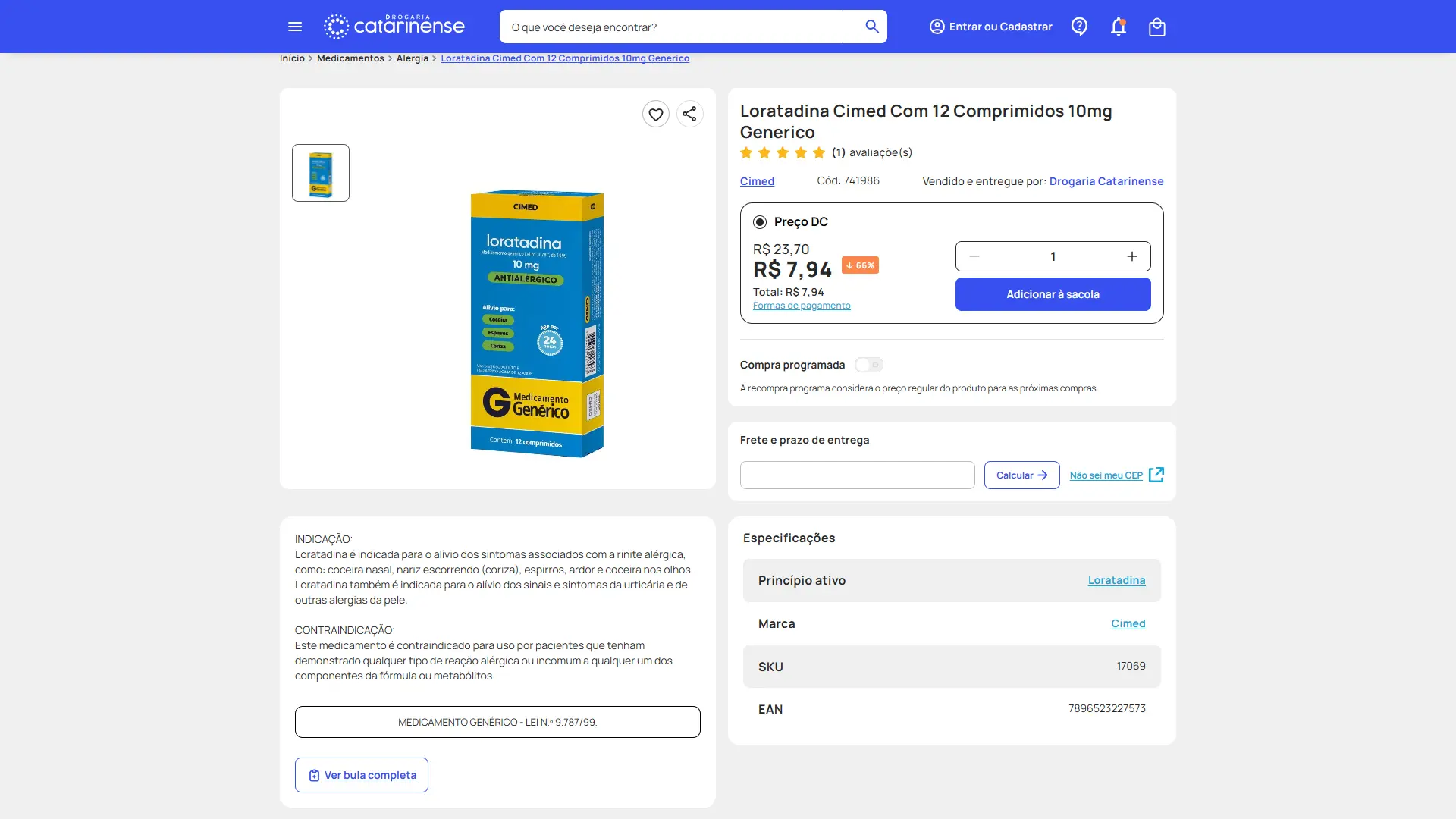 Página de produto com especificações, avaliações e link direto pra bula