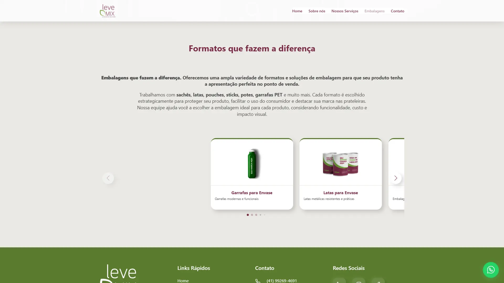 Embalagens Página de Embalagens com o carrossel de formatos disponíveis