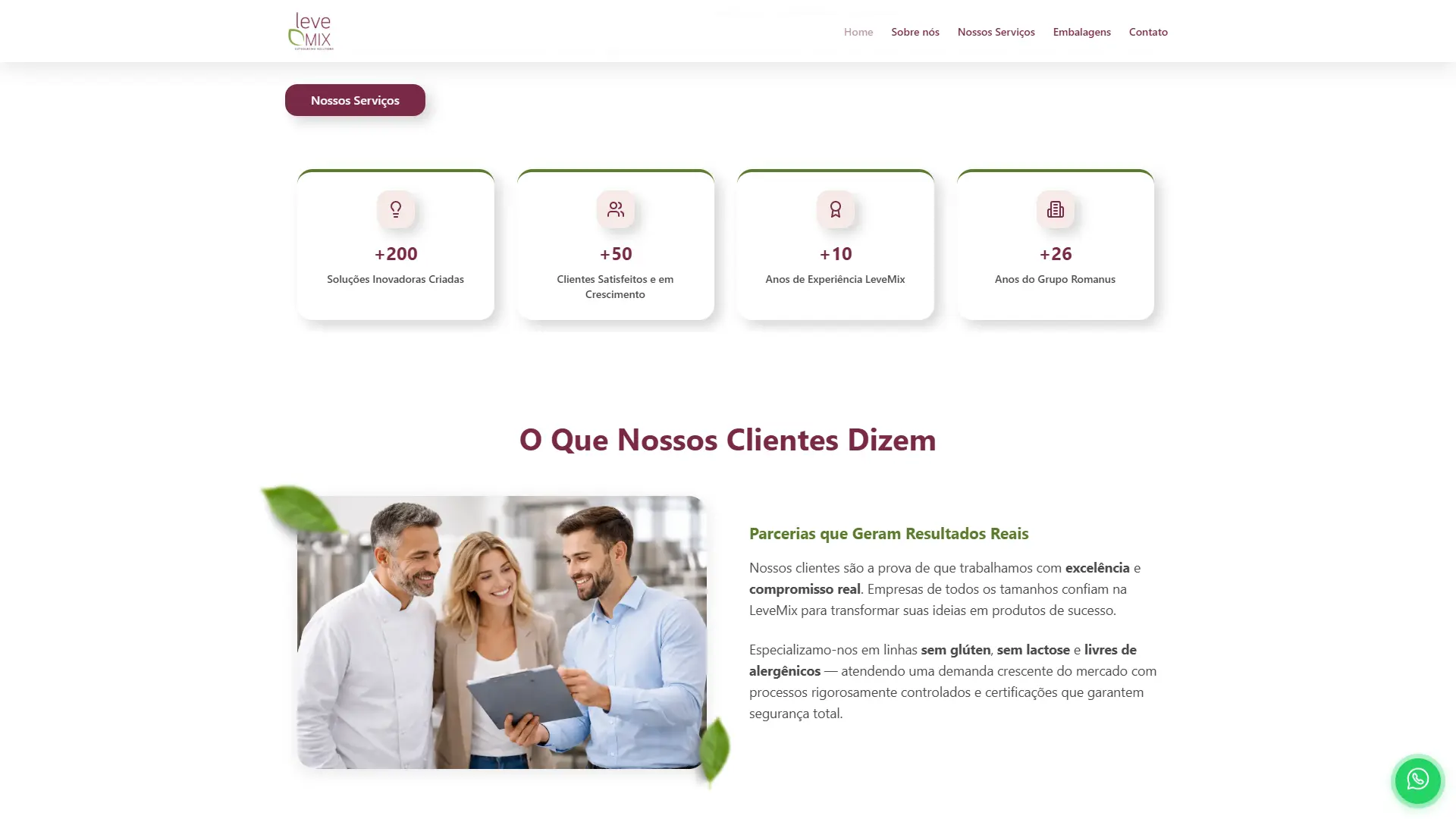 Home Home da Leve Mix, com hero em vídeo e seção de números de impacto