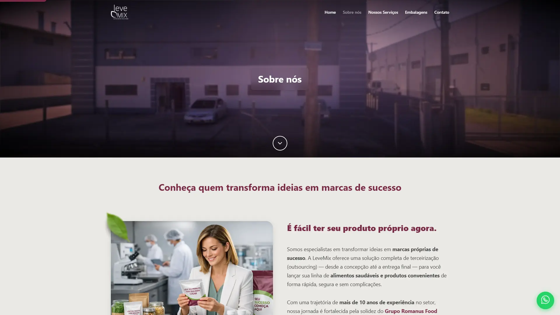 Sobre Página Sobre, com Missão, Visão, Valores e o compromisso com segurança alimentar