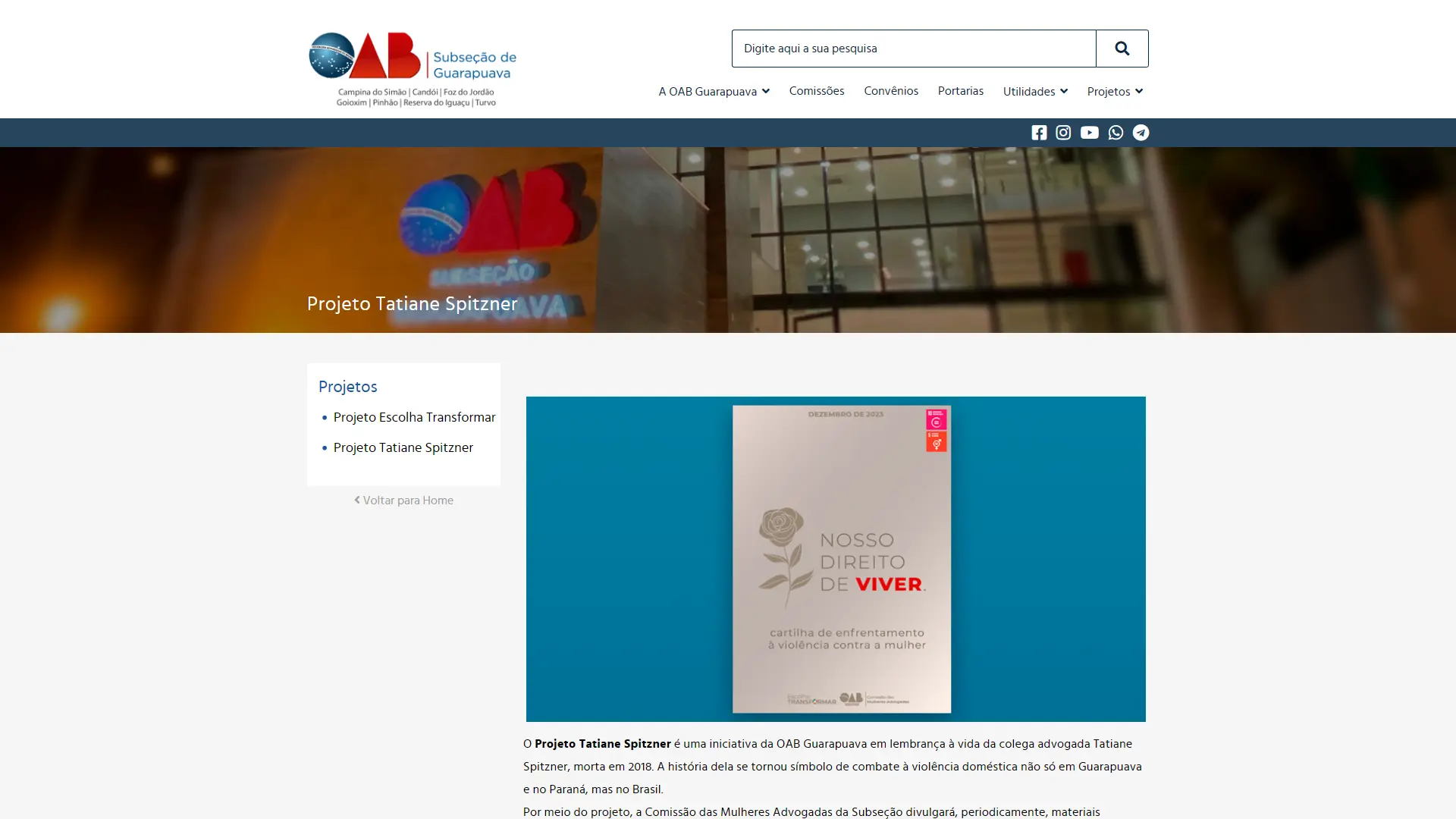 Página do Projeto Tatiane Spitzner, com material informativo e datas de campanha