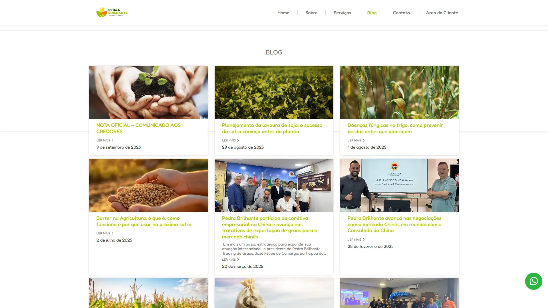 Listagem do blog com posts reais sobre o mercado agrícola