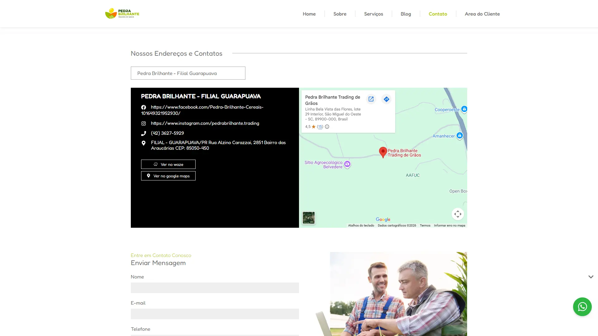 Página de Contato com formulário, WhatsApp e mapa