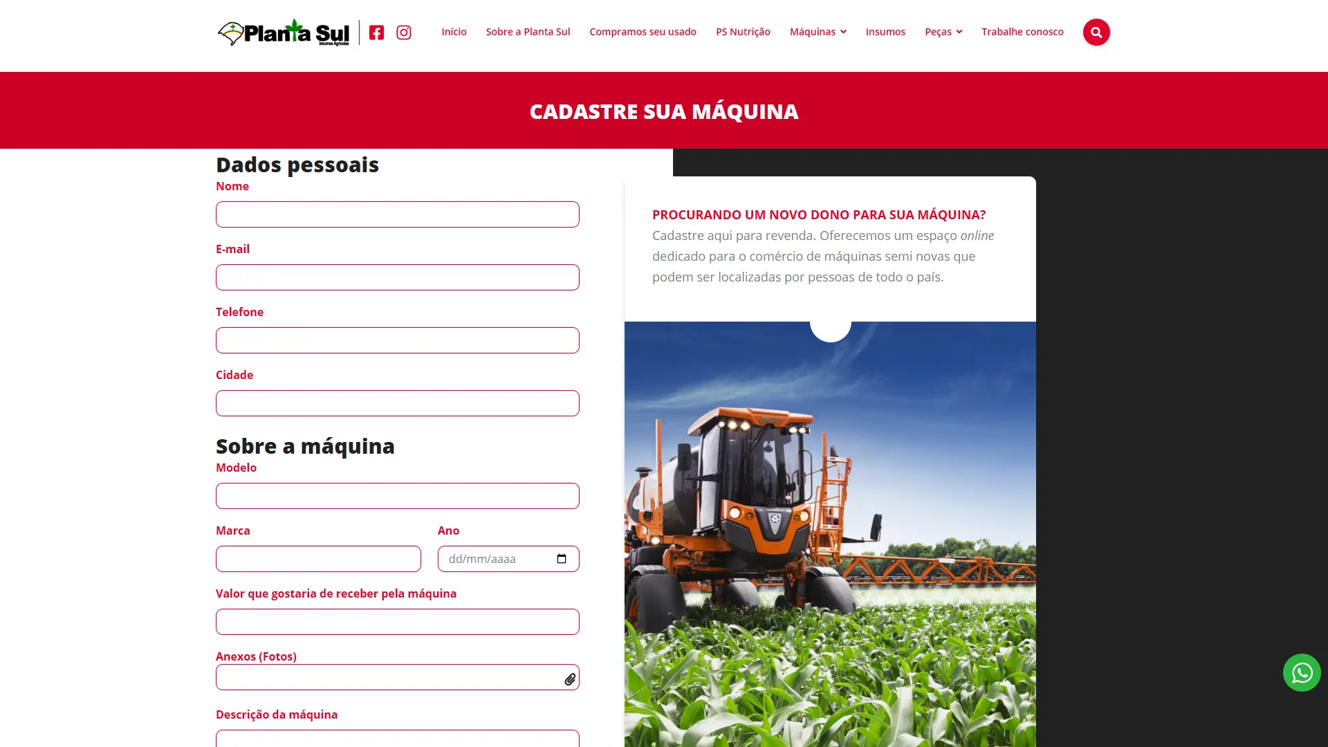 Formulário de cadastro de máquina para revenda