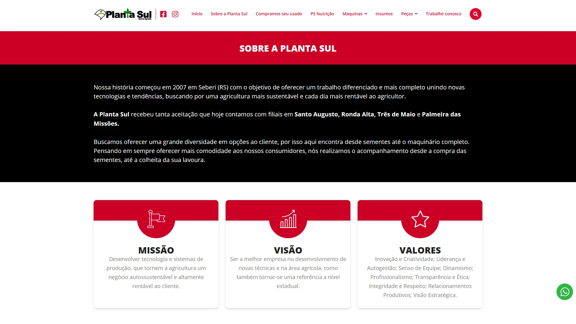 Página Institucional com história, valores e filiais