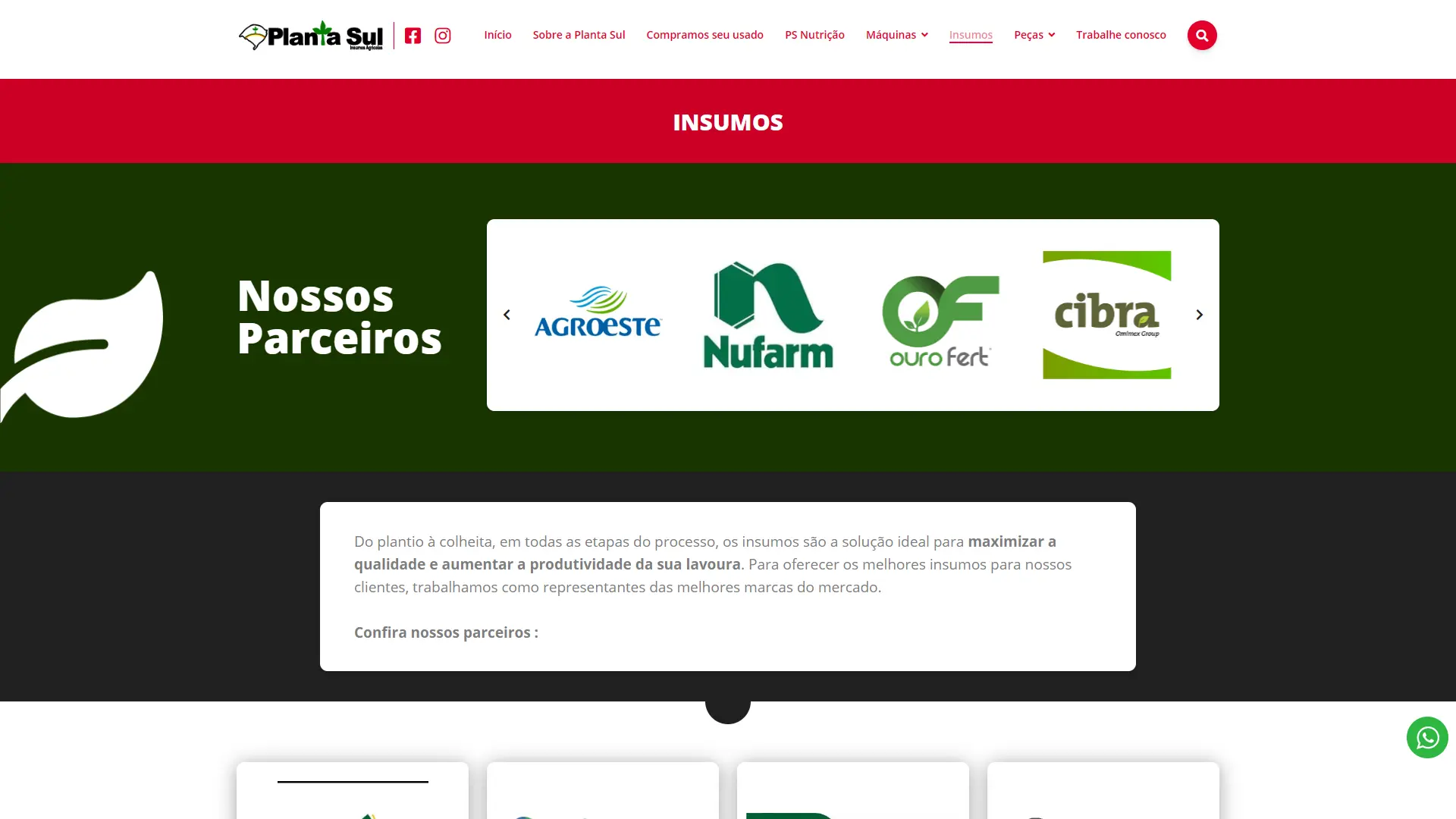 Página de Insumos com as marcas parceiras