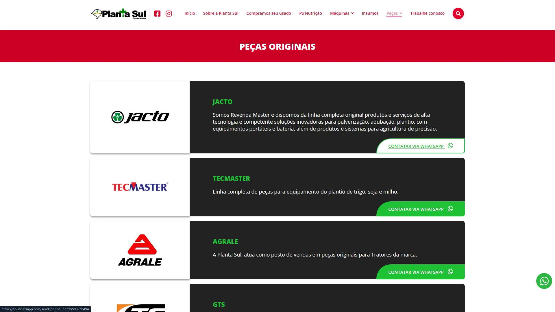 Página de Peças Originais com os parceiros autorizados