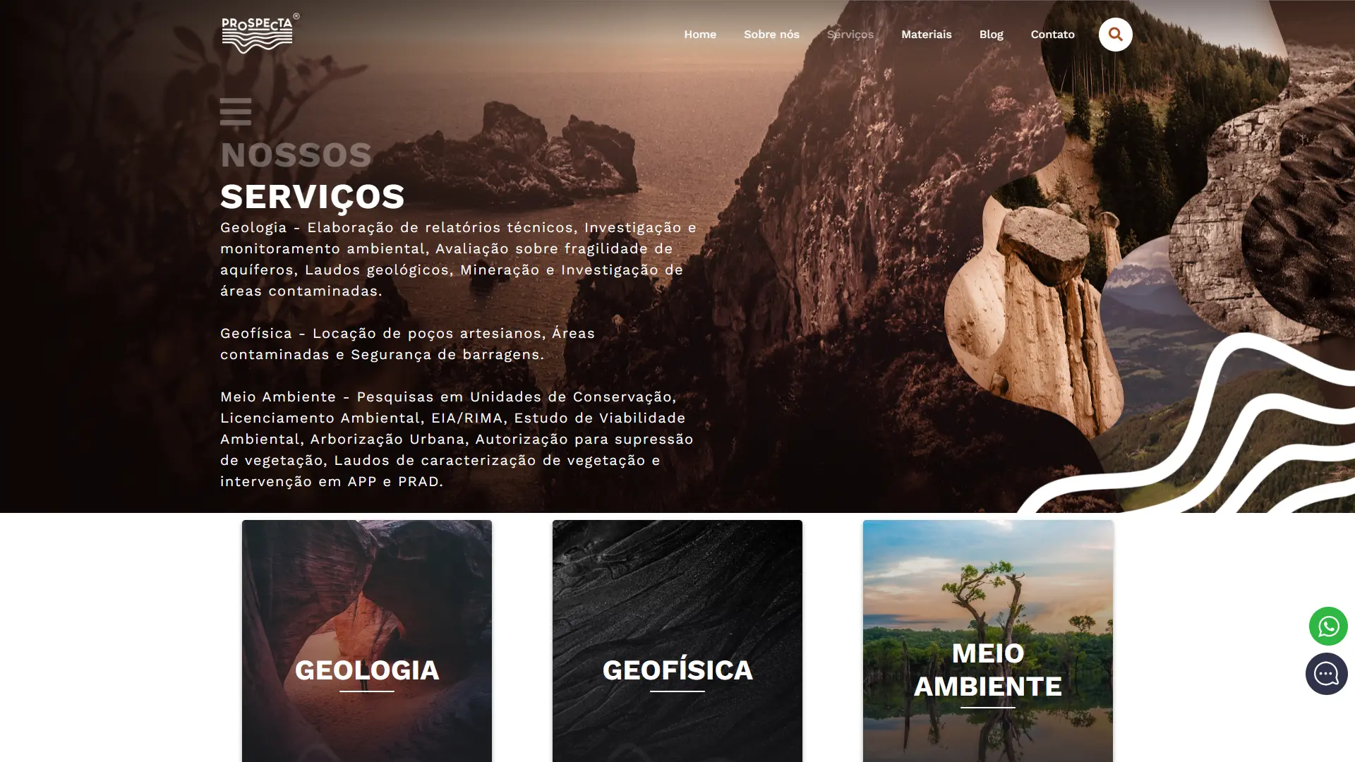 Página de Serviços com as três categorias — Geologia, Geofísica e Meio Ambiente
