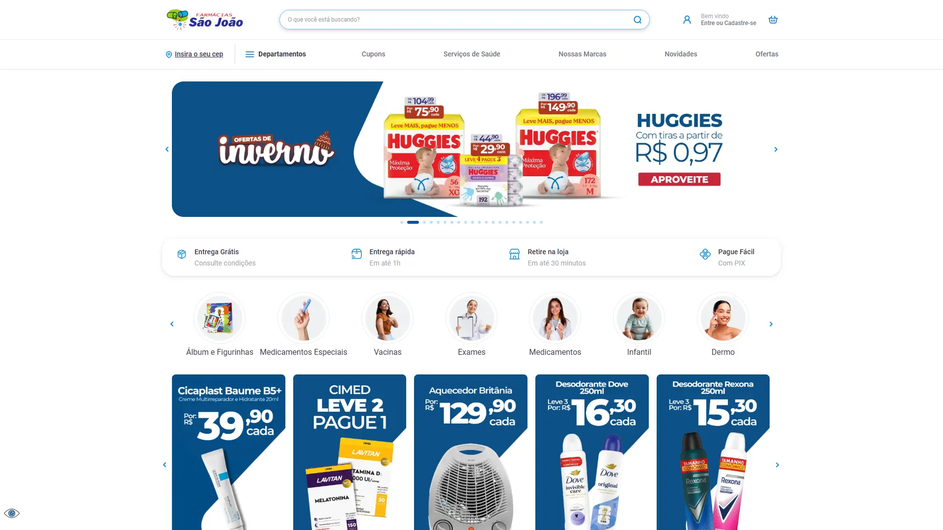 Home Home da Farmácias São João, com banner de ofertas sazonais e categorias em destaque