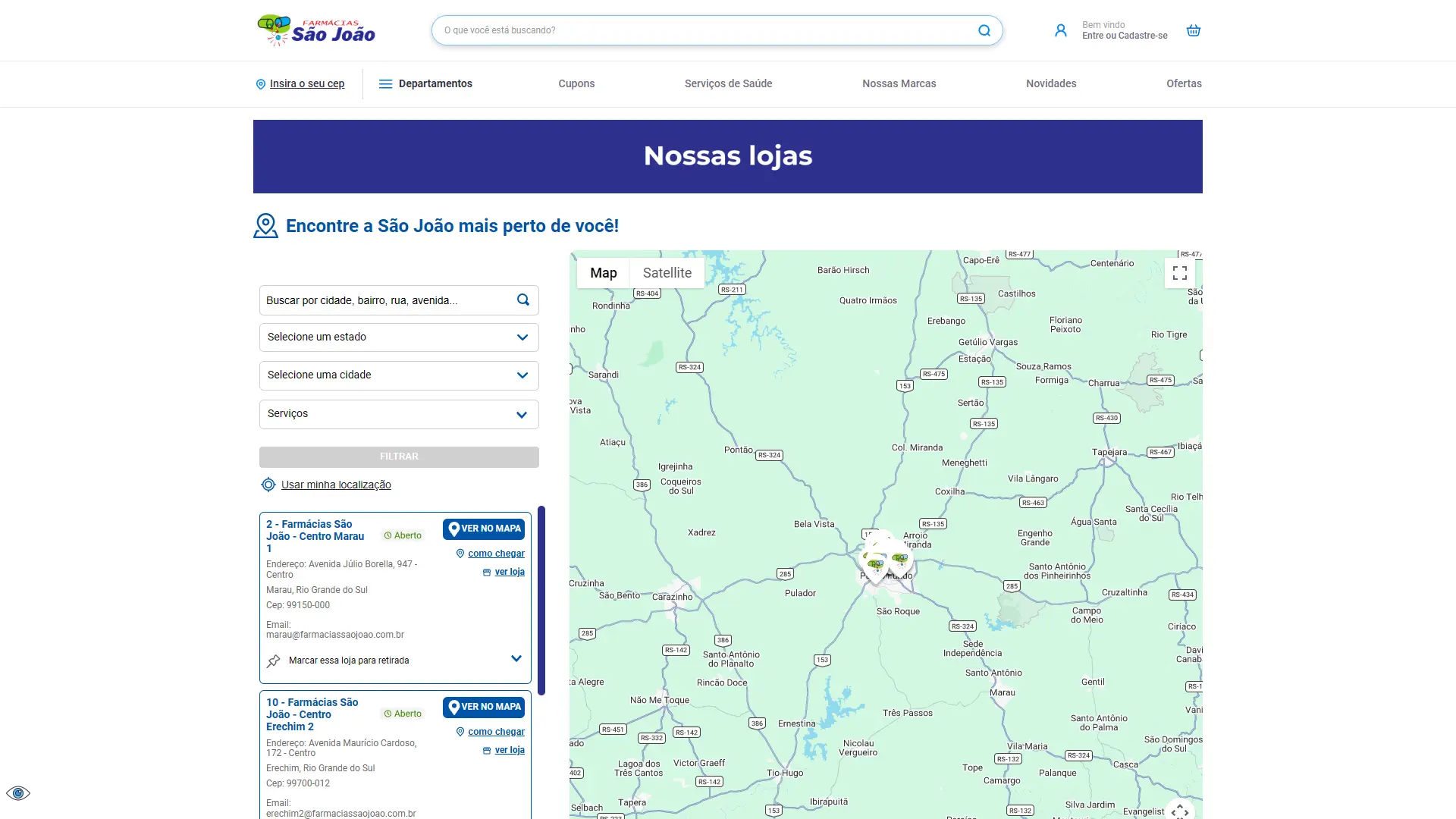 Nossas Lojas Página Nossas Lojas, com mapa interativo e filtro por cidade e serviço