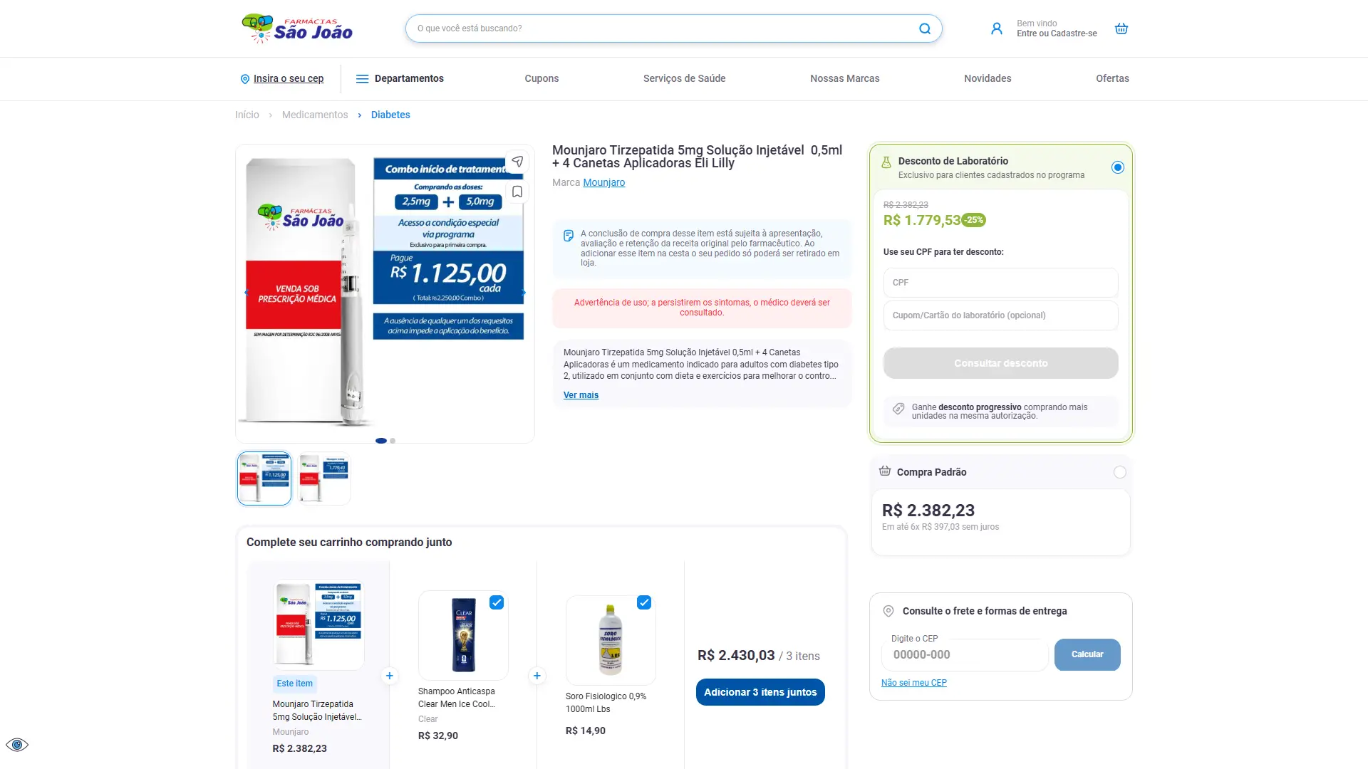 Produto Página de produto com ficha técnica, aviso de receita obrigatória e sugestão de compra junto