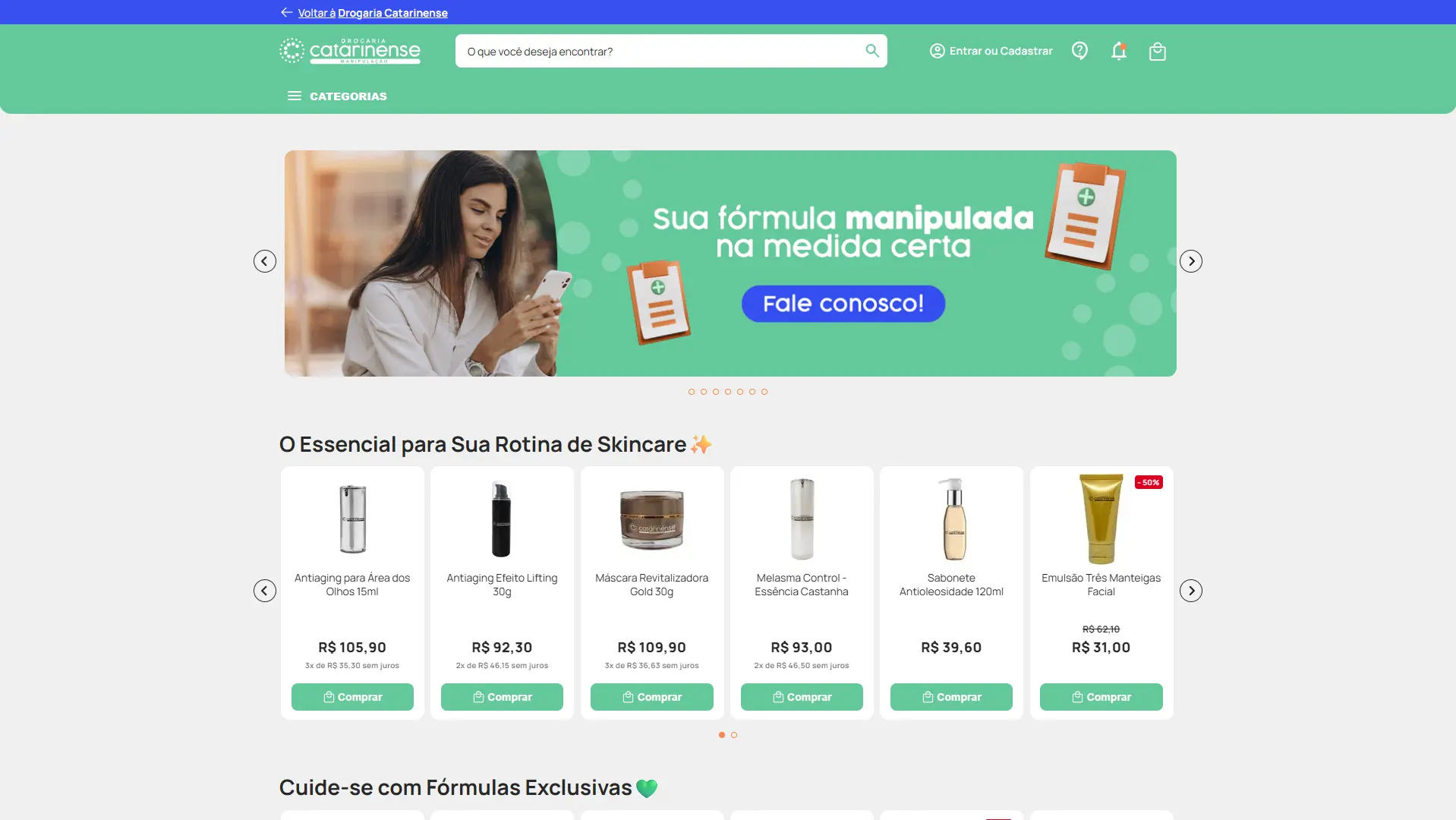 Home da Drogaria Catarinense Manipulação, identidade verde-água