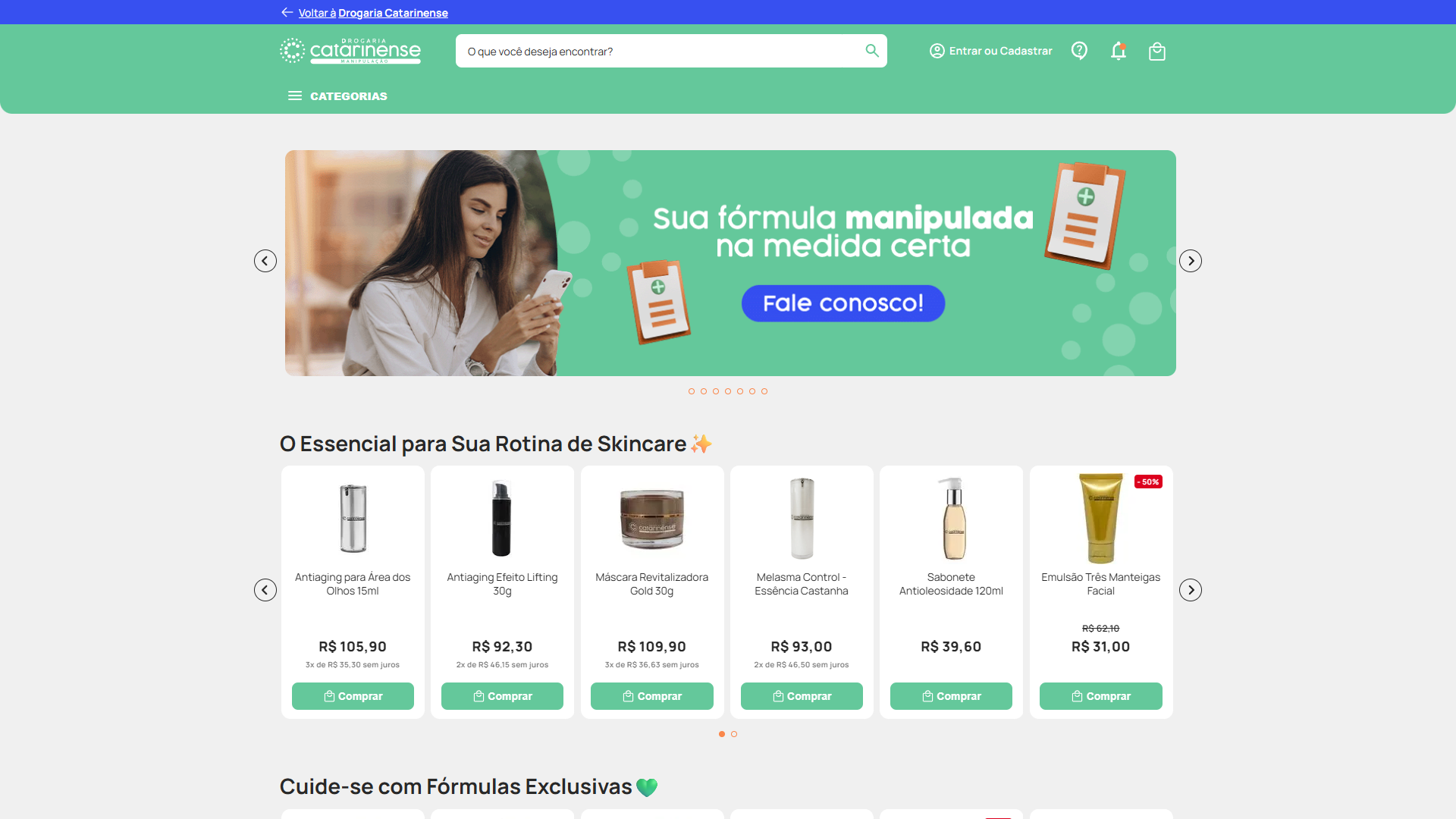 Home da Drogaria Catarinense Manipulação, identidade verde-água
